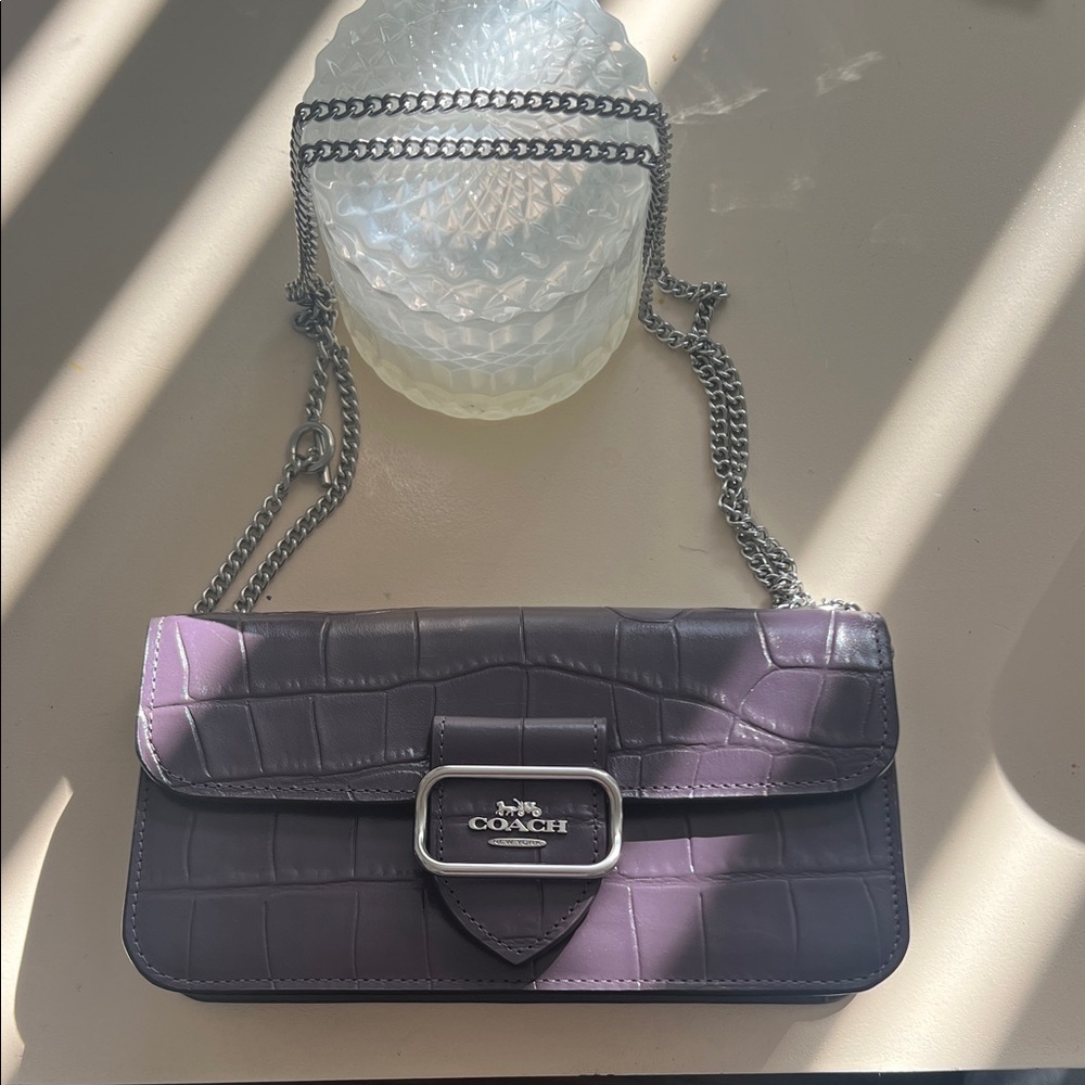 Coach Lavender Croc-Embossed Clutch with Chain